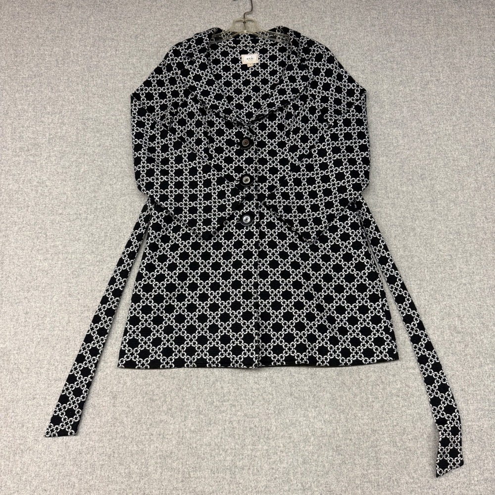ECI | Belted Knit Jacket | M | Black White | Geometric Chain Link Button Front